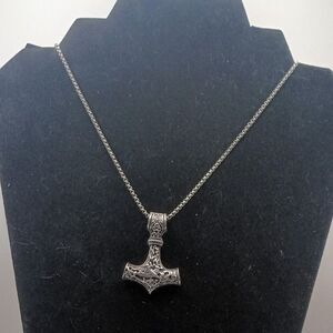 Viking Necklace Thor Hammer Celtic Pendant Nordic Amulet Silvertone 22" Chain